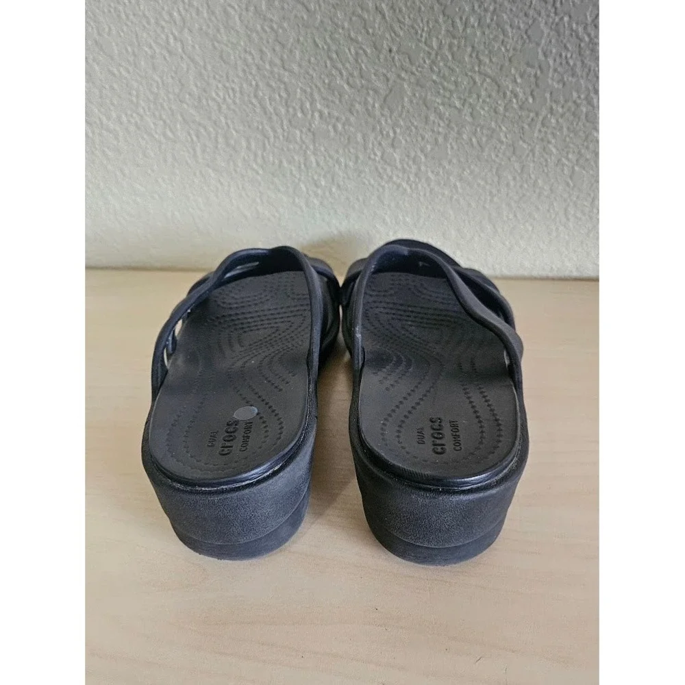 Crocs Sanrah Strappy Wedge Sandals Womens 8 Black Slip On Slide Comfort - Picture 4 of 8